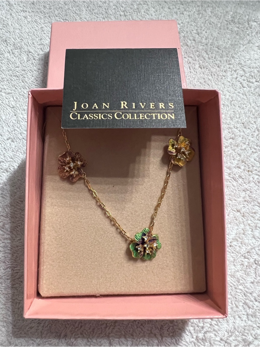 Joan Rivers Enamel Pansy Floral Necklace J75401 Vintage 16” Box